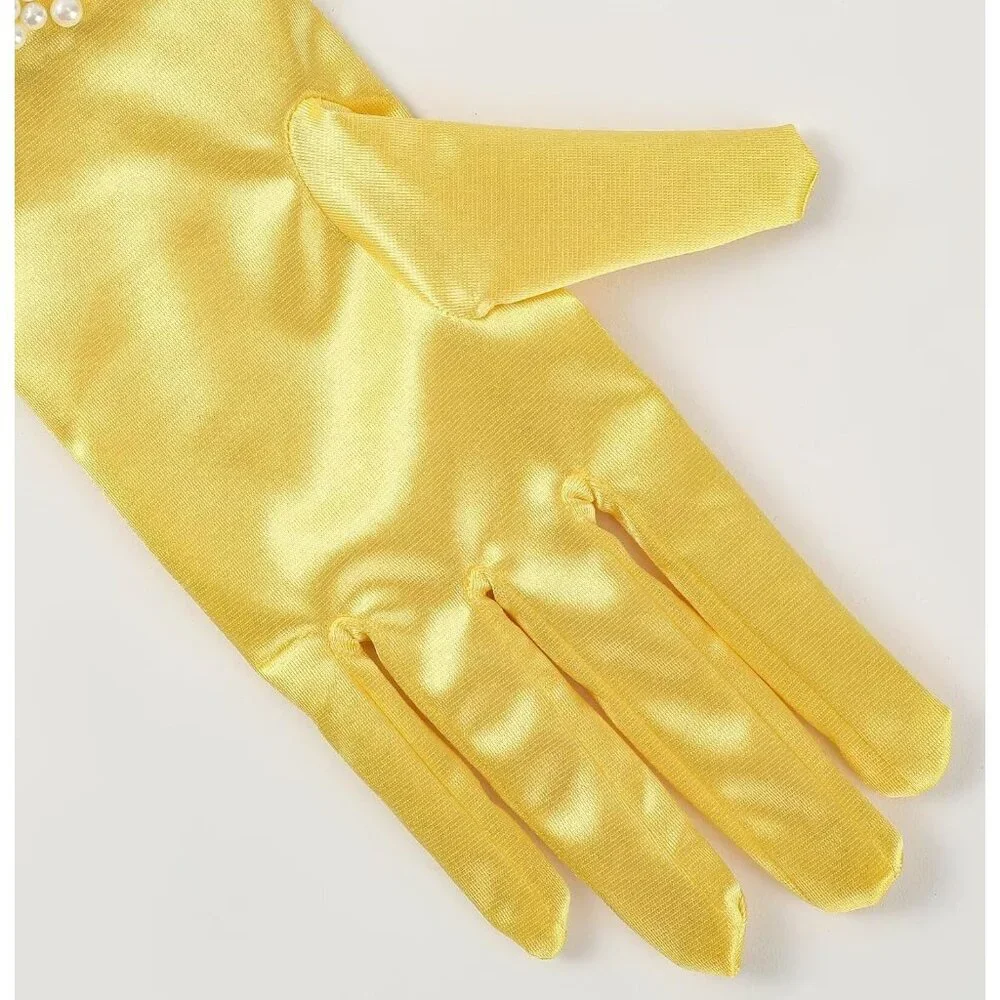 Women's Yellow Satin Pearl Short Length Wrist Gloves Wedding Banquet Party Prom